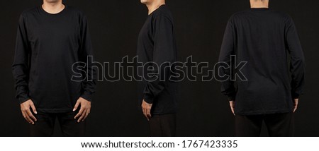 black long-sleeved shirt from the front and back, mock up models for Premium Photo print designs. shooting models in the studio using a black background.