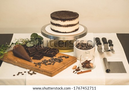 Products for desserts, chocolate fondant. Ingredients for cooking flour products or dessert.