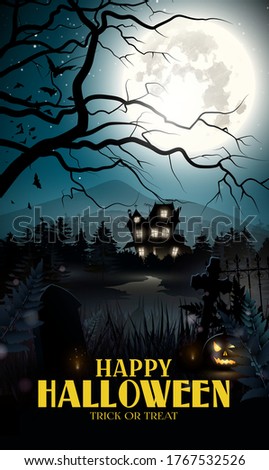 Halloween banner with scary old house and trees in the woods.