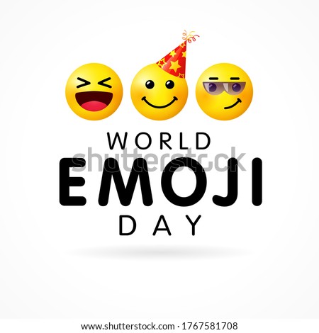 World Emoji Day vector illustration. Concept for Smile Day with happy, smiling icon in party hat & wink icons. Line emoticon illustration on white background