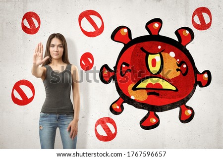 Young brunette girl making stop gesture with red angry cartoon germ drawn on white background. People and objects. Digital art. Body language.