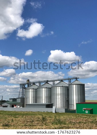 grain storage silos for grain storage and loading. Agricultural Silo. Storage and drying of grains, wheat, corn, soy, sunflower. exterior of the building
