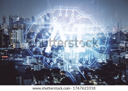 Creative night city with AI brain interface. Artificial intelligence and technology concept. Double exposure