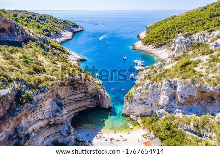 Aerial view of a beautiful beach Stiniva on the island Vis, Croatia Royalty-Free Stock Photo #1767654914