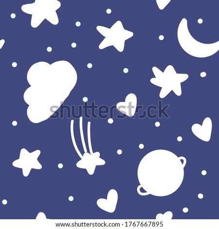 space seamless pattern in white and blue. cosmos seamless background. modern trendy minimalist design for fabric textile or scrapbooking. catroon doodle style children pattern
