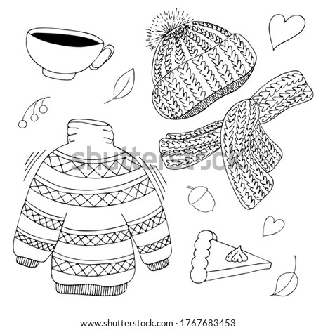 warm cozy set of items for autumn - knitted hat, scarf, sweater, cup of hot tea and pumpkin pie, freehand drawing, vector set in doodle style, coloring book, black outline