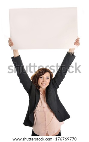 happy successful red hair business woman wearing a suit holding up blank cardboard sign as copy space on white background 