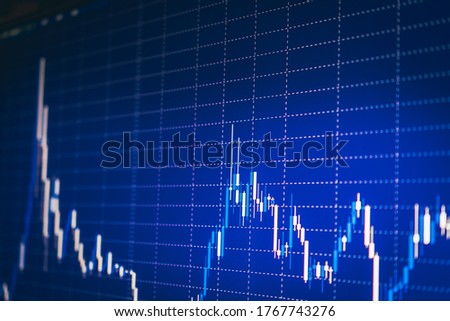Display of quotes pricing graph visualization under blue background. Financial statistic analysis on dark background with growing financial charts. Stock analyzing. Price chart bars.
