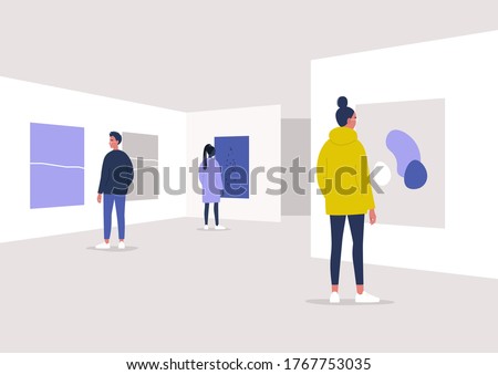 Art gallery, a diverse group of visitors attending an exhibition with abstract paintings, contemporary artworks Royalty-Free Stock Photo #1767753035
