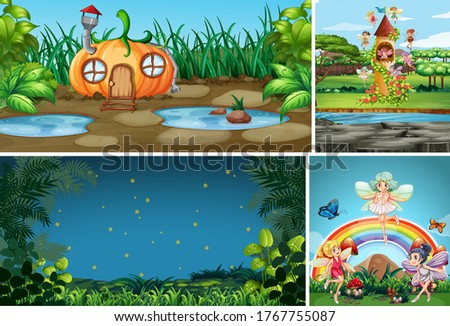 Four different scene of fantasy world with fantasy places and fantasy character illustration