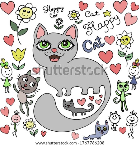 set collection of funny cats hearts and flowers