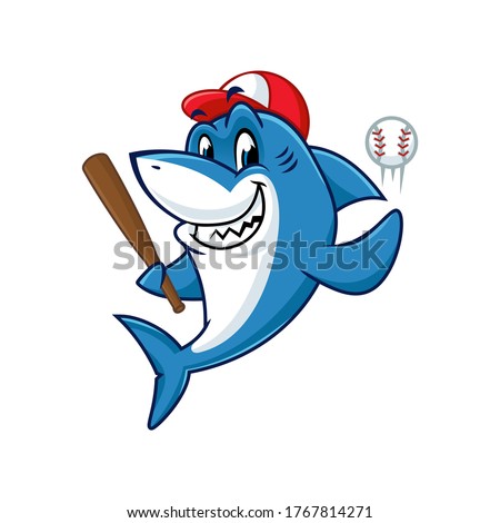 Vector mascot, cartoon, and illustration of a shark baseball player holding stick and ball