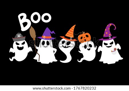 Happy halloween party greeting card with cute ghost and fancy hat. Holidays cartoon character. -Vector
