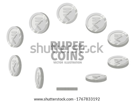 India Rupee sign silver coins isolated on white background. Set of flat icon design of spin coins with symbol at different angles.