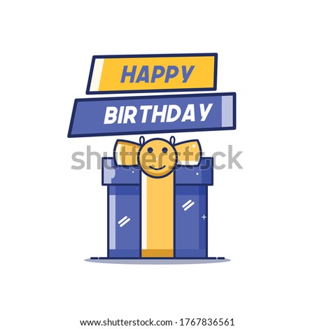 happy birthday illustration box is very cute, with the concept of animals, yellow and blue, flat vector illustration.