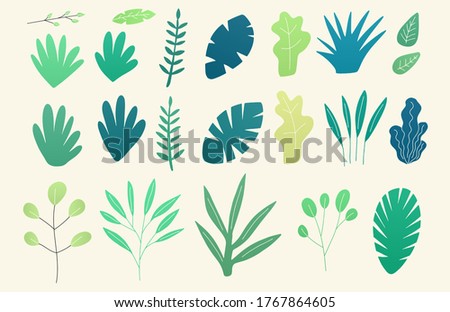 Collection of flat illustrations of plants, leaves, branches, bushes and floral icons. Different green colors. Gradient design. Flat cartoon vector illustration. 