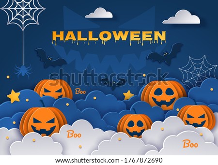 Halloween classic blue background with pumpkins and bats in paper style, 3D vector