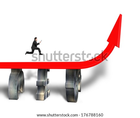 businessman using table and running on red trend arrow bridge