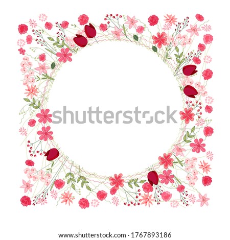Detailed contour wreath with herbs, tulips and wild flowers isolated on white. Round frame for your design, greeting cards, announcements, posters. 