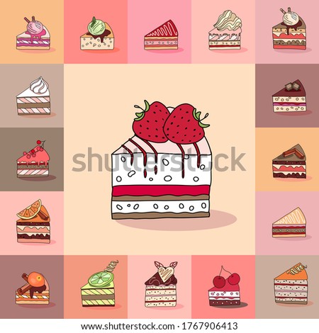Template with different kinds of cake slices. Delishious desserts, various taste. For restaurant design, posters, announcements, cafe menu etc.