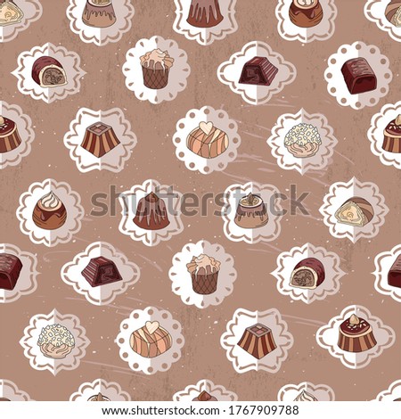 Seamless pattern with different kinds of chocolate candies - milk,dark,white chocolate. Vintage style.  Endless texture for your design, announcements, cards, posters, restaurant menu.