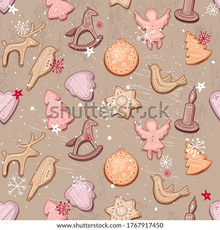Seamless vintage light beige pattern with traditional Christmas ginger cookies. Endless texture for your design, announcements, greeting cards, postcards, posters.