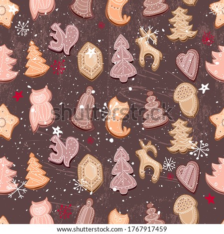 Seamless vintage dark brown pattern with traditional Christmas chocolate cookies. Endless texture for your design, announcements, greeting cards, postcards, posters.