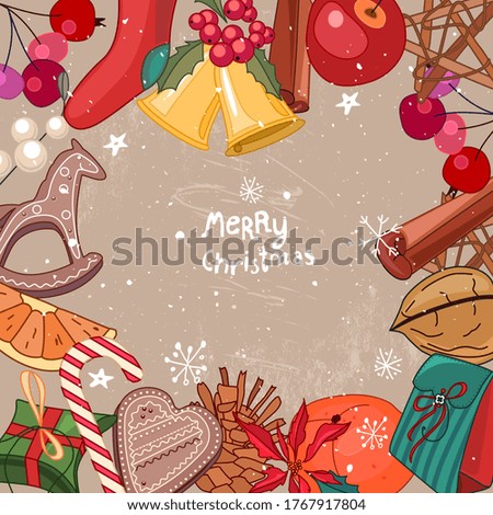Square festive frame with fruits, cookies, berries and Christmas objects.  For season design, announcements, postcards, posters.