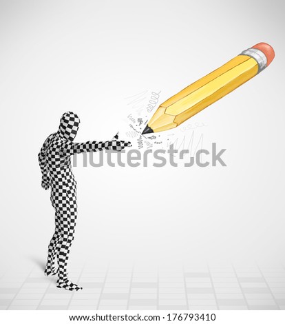 Guy in body mask with a big hand drawn pencil concept