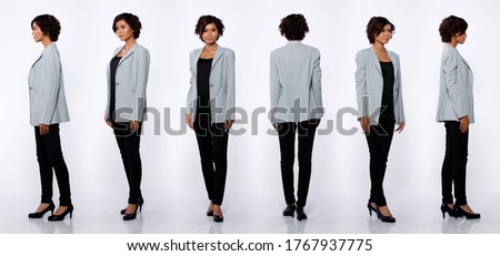 Collage Group Full length Figure snap of 20s Asian Woman black short curl hair gray suit jacket pant and shoes. Office girl stands turns 360 around rear side back view over white Background isolated Royalty-Free Stock Photo #1767937775