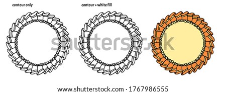 Set of hand drawn cute round frames with textile ruffles, lace and ribbon. Colored isolated decorative copy space vector illustration
