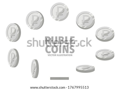 Russia Ruble sign silver coins isolated on white background. Set of flat icon design of spin coins with symbol at different angles.