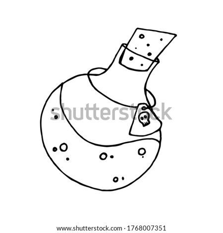 Vector illustration of Volba with poison. Flask with a potion. Halloween design element. Black and white outline.