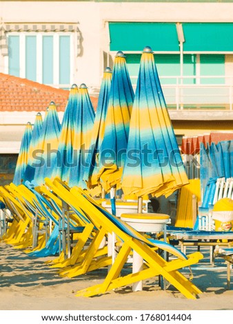 Colored Parasols and seats on a beach in viareggio, italy
