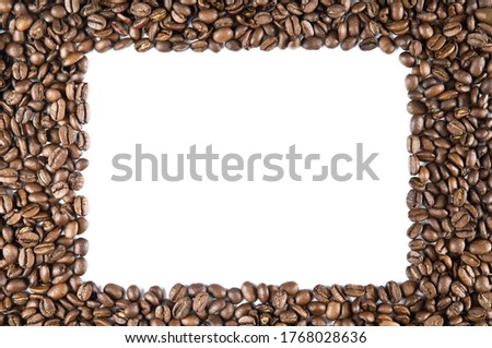 Roasted coffee beans frame isolated on white background. Border of coffee beans arranged to enclose and frame a sample area of white space for your design needs.