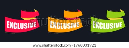 Set color Banner ribbon exclusive. Speech bubble announcement. Promotion Icon Offer. advertising sign. Vector banner in modern flat style on black.