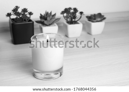 black and white photo of aromatic scent glass candles and small cactus in the pot are displayed on the table in the bedroom
