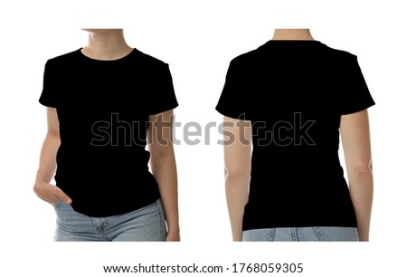 Woman in black t-shirt on white background, closeup