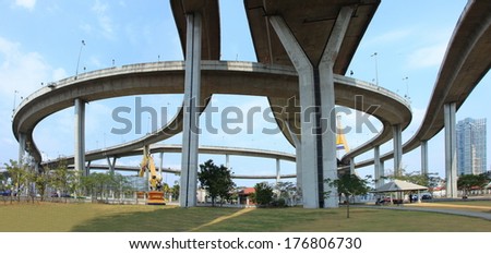 Elevated expressway. The curve of suspension bridge Large elevated traffic highway in Bangkok, Thailand.
