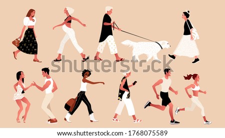 Crowd of tiny people wearing stylish clothes. Fashionable men and women, summer outdoor activities. Group of male and female cartoon characters walking dog, dancing, running. Flat vector illustration.