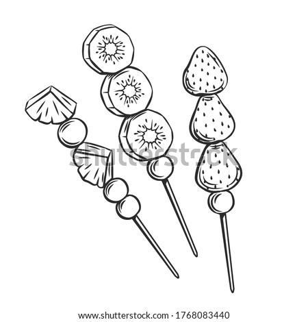 Tanghulu outline icon. Chinese candied fruit on the stick. Asian traditional sweets engraved vector illustration.