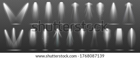 Floodlight or spotlight for stage, scene or podium. White lightning collection set isolated on transparent background. Illumination or bright shine for night event vector illustration Royalty-Free Stock Photo #1768087139
