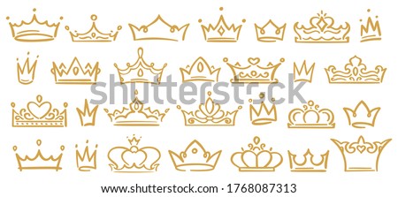 Gold sketch crowns, hand drown royal diadems for queen, princess, winner or champion. Crowns with various decoration, size and shape isolated on white background for logo, ad vector illustration