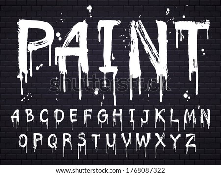 Paint dripping paint font for latin alphabet isolated on dark background with bricks. White oil english letters. Wet painted abc sign text with splatters, calligraphy concept vector illustration Royalty-Free Stock Photo #1768087322
