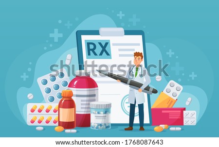 Rx medical prescription. Doctor writes signature in recipe, disease therapy pills, painkiller drugs. Pharmacy control vector concept. Medicine and healthcare with bottles and capsules Royalty-Free Stock Photo #1768087643
