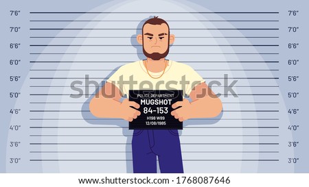 Cartoon arrested gangster mugshot. Arrested criminal holds board for identification, photo in police station, suspect profile vector concept. Robber, thief posing on measuring height scale background Royalty-Free Stock Photo #1768087646