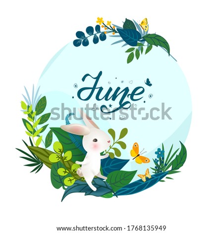 Monthly calendar page with hand drawn lettering June and cute rabbit. Summer round card or background with white hear, butterflies, caterpillars, leaves, grass - flowers. Vector illustration.