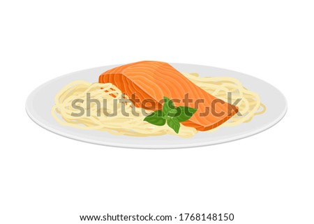Salmon Piece with Spaghetti Served on Plate Vector Illustration