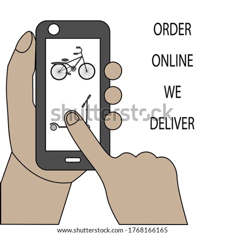 Advertizing of sporting goods delivery.  Hands with smartphone in the foreground. Person is making online order. Important during pandemic.