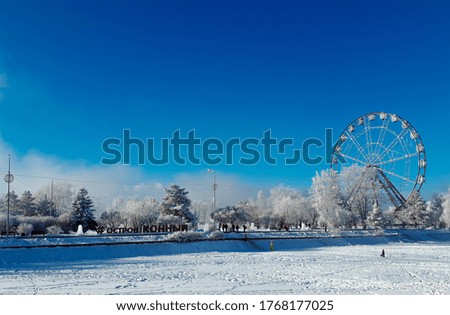 Photograph of winter white park in daylight with snow trees and ferris wheel with bright blue sky on Background 